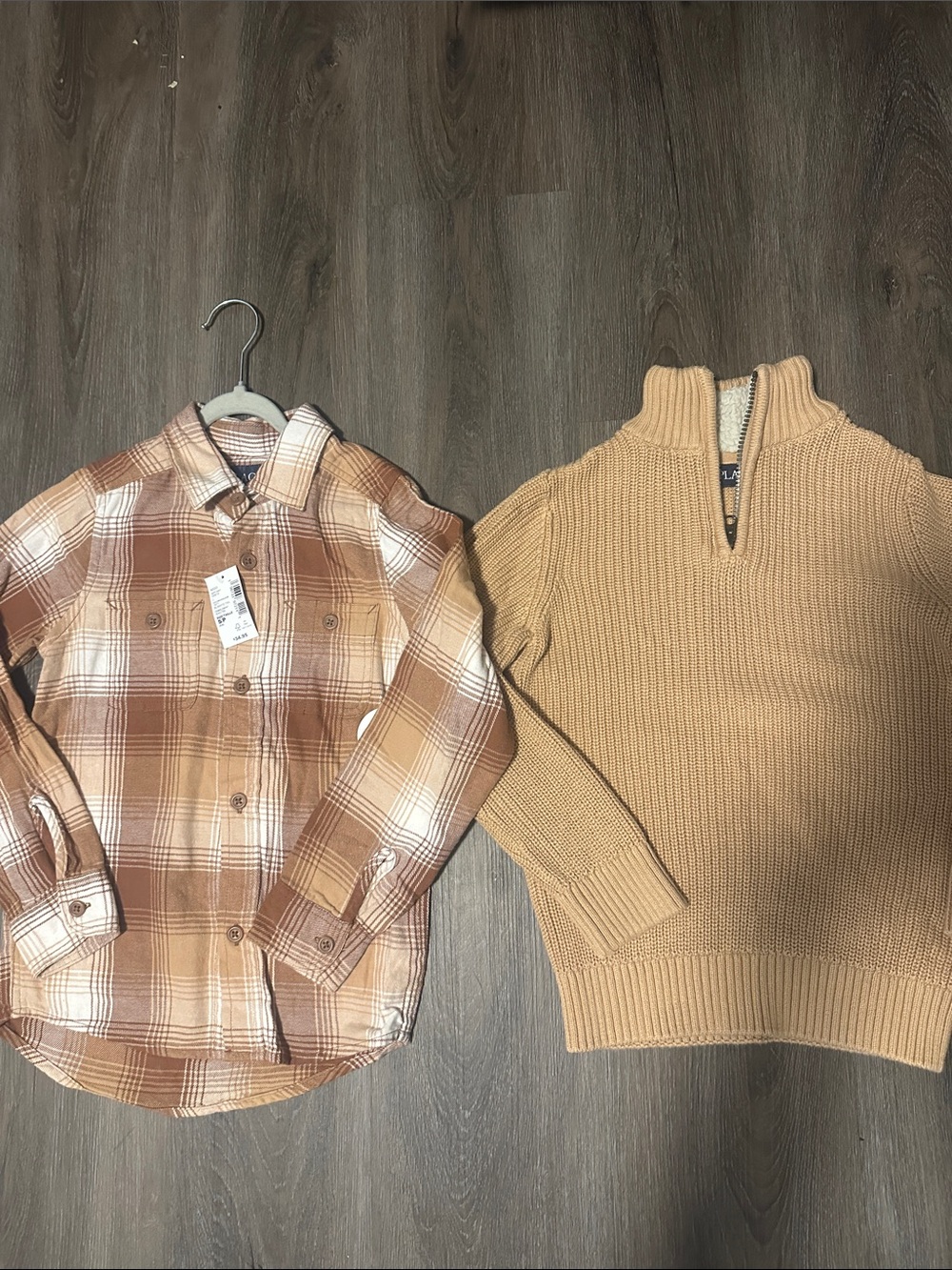 Kids Tan Plaid Button-Up Shirt & Camel Knit Half-Zip Sweater Set size 5/6